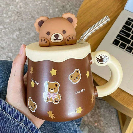 Charming Bear Ceramic Mug Set with Lid and Spoon - 450ml for Enhanced Beverage Enjoyment - Très Elite