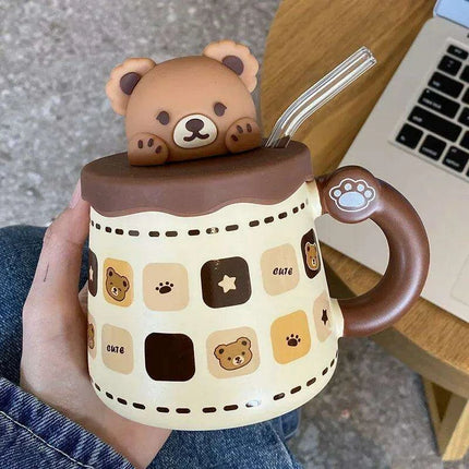 Charming Bear Ceramic Mug Set with Lid and Spoon - 450ml for Enhanced Beverage Enjoyment - Très Elite