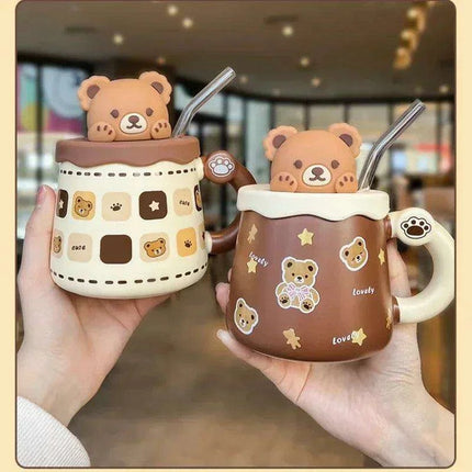 Charming Bear Ceramic Mug Set with Lid and Spoon - 450ml for Enhanced Beverage Enjoyment - Très Elite