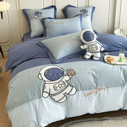 Charming Blue Cartoon Astronaut Embroidered 100% Cotton Boys Bedding Set - Single Duvet Cover, Sheet & Pillowcases - Ideal Gift for Little Explorers- Très Elite- Très Elite