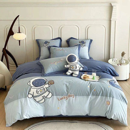 Charming Blue Cartoon Astronaut Embroidered 100% Cotton Boys Bedding Set - Single Duvet Cover, Sheet & Pillowcases - Ideal Gift for Little Explorers- Très Elite- Très Elite
