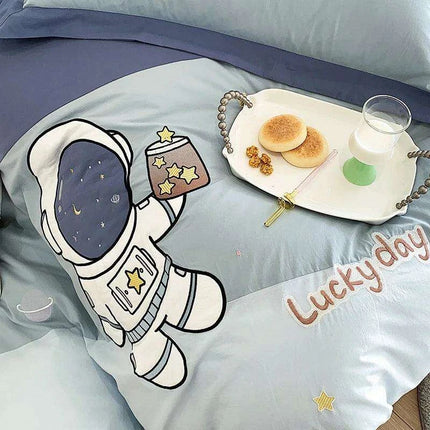 Charming Blue Cartoon Astronaut Embroidered 100% Cotton Boys Bedding Set - Single Duvet Cover, Sheet & Pillowcases - Ideal Gift for Little Explorers- Très Elite- Très Elite