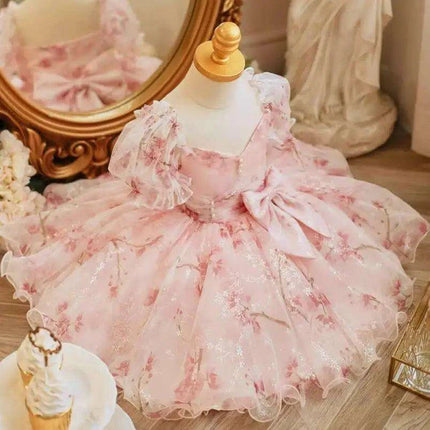 Charming Bow-Print Puff Sleeve Evening Dress for Girls - Très Elite