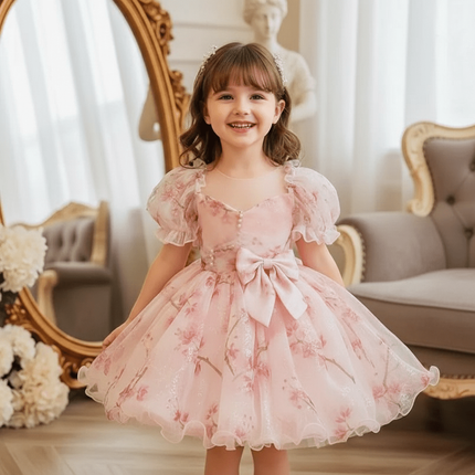 Charming Bow-Print Puff Sleeve Evening Dress for Girls - Très Elite