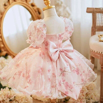 Charming Bow-Print Puff Sleeve Evening Dress for Girls - Très Elite