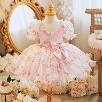 Charming Bow-Print Puff Sleeve Evening Dress for Girls - Très Elite