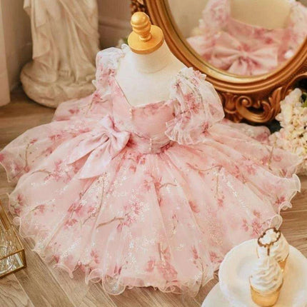 Charming Bow-Print Puff Sleeve Evening Dress for Girls - Très Elite