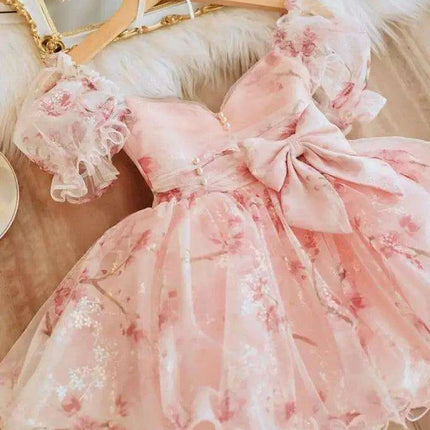 Charming Bow-Print Puff Sleeve Evening Dress for Girls - Très Elite