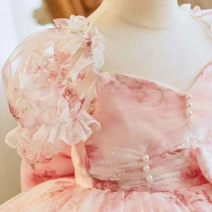 Charming Bow-Print Puff Sleeve Evening Dress for Girls - Très Elite