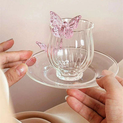 Charming Floral Butterfly Glass Teacup Set - Perfect for Elegant Tea Events - Très Elite