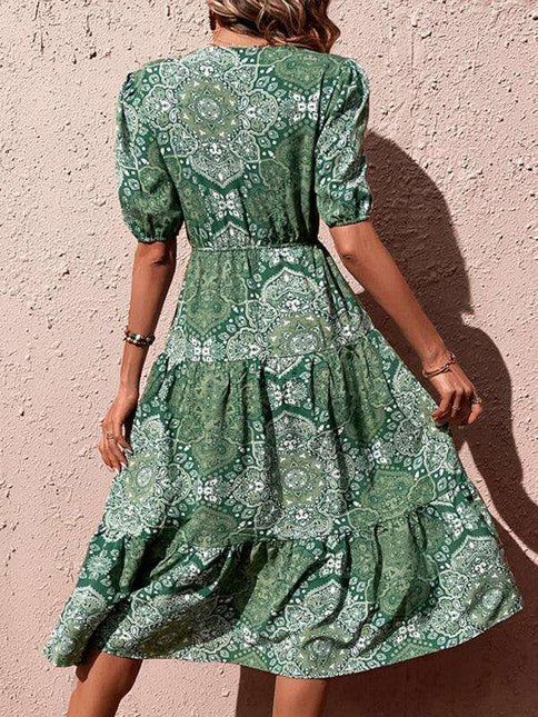 Charming Floral V-Neck Maxi Dress with Puff Sleeves and Side Slit