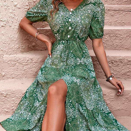 Charming Floral V-Neck Maxi Dress with Puff Sleeves and Side Slit - Très Elite