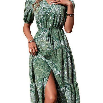Charming Floral V-Neck Maxi Dress with Puff Sleeves and Side Slit - Très Elite