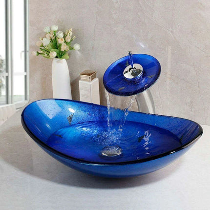 Charming Glass Sink with Waterfall Faucet Ensemble - Stylish Upgrade for Your Bathroom..