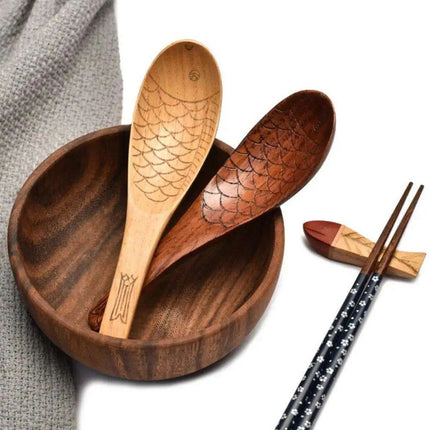 Charming Handcrafted Fish-Shaped Japanese Wooden Rice Spoon - Short-Handled Kitchen Essential - Très Elite