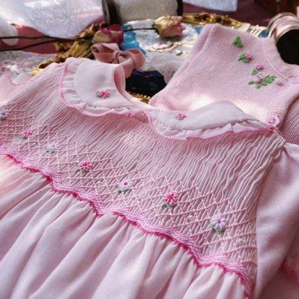 Charming Handmade Long Sleeve Pink Cotton Dress with Floral Embroidery for Girls - Très Elite