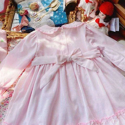Charming Handmade Long Sleeve Pink Cotton Dress with Floral Embroidery for Girls - Très Elite
