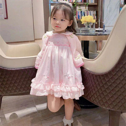 Charming Handmade Long Sleeve Pink Cotton Dress with Floral Embroidery for Girls - Très Elite