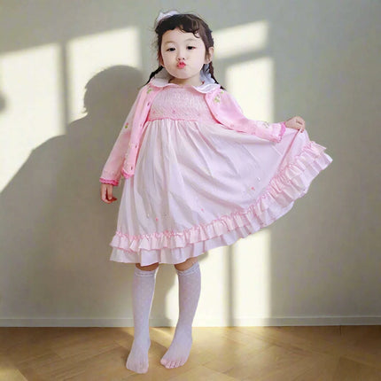 Charming Handmade Long Sleeve Pink Cotton Dress with Floral Embroidery for Girls - Très Elite