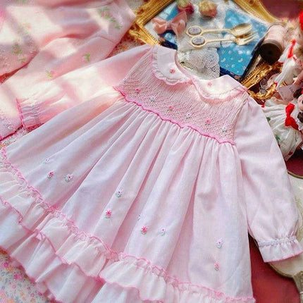 Charming Handmade Long Sleeve Pink Cotton Dress with Floral Embroidery for Girls- Très Elite- Très Elite