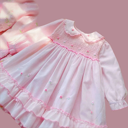 Charming Handmade Long Sleeve Pink Cotton Dress with Floral Embroidery for Girls - Très Elite