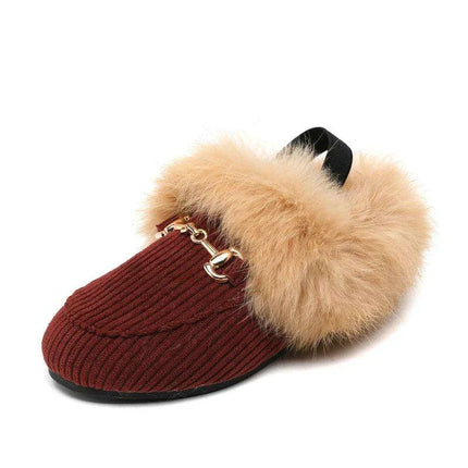 Charming Kids Black Fur Slip-On Slippers - Cozy Outdoor Slides for Boys and Girls..