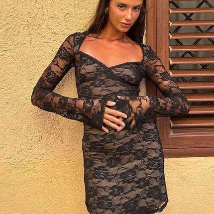 Charming Lace-Detail U-Neck Long-Sleeve Mini Skater Dress