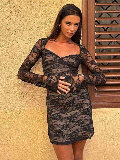 Charming Lace-Detail U-Neck Long-Sleeve Mini Skater Dress