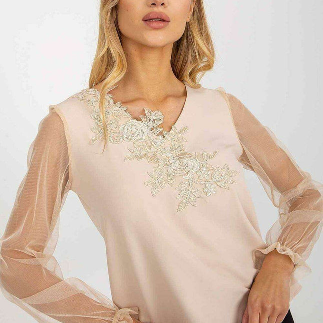 Charming Mesh Sleeve Blouse with Heart-Shaped Neckline