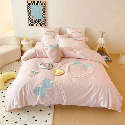 Charming Pink 1000TC Egyptian Cotton Strawberry Embroidery Bedding Set with Duvet Cover, Bed Sheet, and Pillowcases - Available in 4/5 Piece Variants- Très Elite- Très Elite