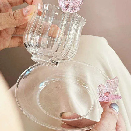 Charming Pink Bow Glass Cup and Saucer Set - 150ml Kids' Drinkware Gift - Très Elite
