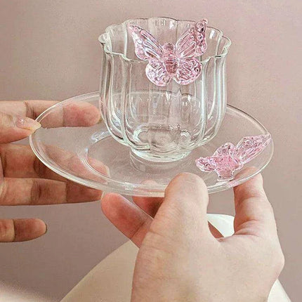 Charming Pink Bow Glass Cup and Saucer Set - 150ml Kids' Drinkware Gift - Très Elite