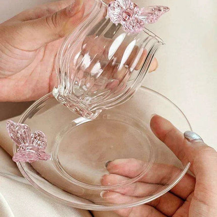 Charming Pink Bow Glass Cup and Saucer Set - 150ml Kids' Drinkware Gift - Très Elite