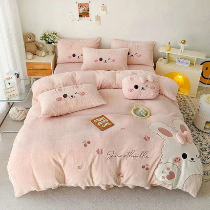 Charming Pink Bunny Applique Fleece Bedding Set - Duvet Cover, Fitted Sheet, Bed Skirt & Pillowcases - Très Elite