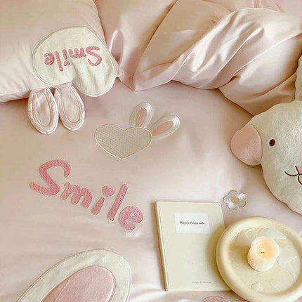 Charming Pink Bunny Applique Girls Luxury Duvet Cover Set - Très Elite
