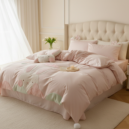 Charming Pink Bunny Applique Girls Luxury Duvet Cover Set - Très Elite