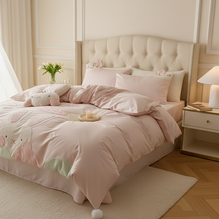 Charming Pink Bunny Applique Girls Luxury Duvet Cover Set - Très Elite