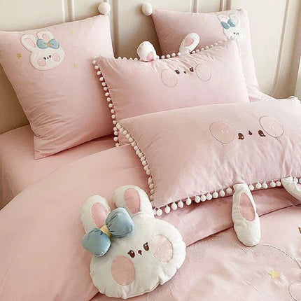 Charming Pink Cartoon Rabbit & Moon Embroidered 100% Cotton Girls Bedding Set with Whimsical Ball Edges - Duvet Cover, Sheet & Pillowcases- Très Elite- Très Elite
