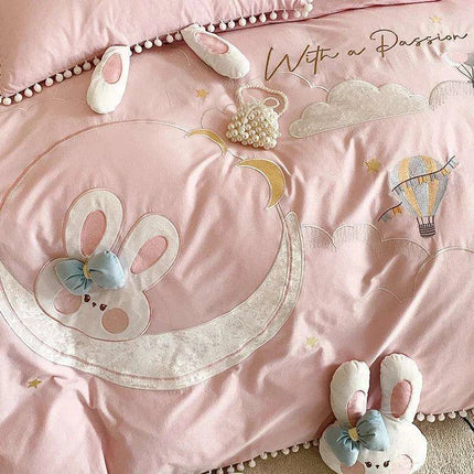 Charming Pink Cartoon Rabbit & Moon Embroidered 100% Cotton Girls Bedding Set with Whimsical Ball Edges - Duvet Cover, Sheet & Pillowcases- Très Elite- Très Elite