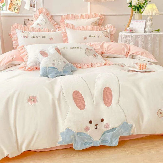 Charming Rabbit Applique Washed Cotton Bedding Set for Girls