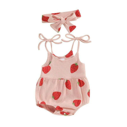 Charming Strawberry Print Summer Romper and Headband Set for Baby Girls (3-24 Months) - Très Elite