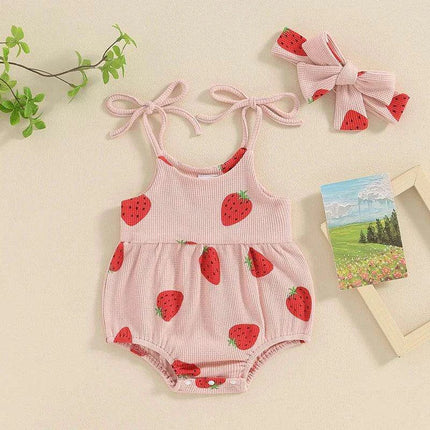 Charming Strawberry Print Summer Romper and Headband Set for Baby Girls (3-24 Months) - Très Elite