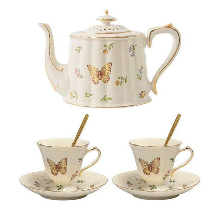 Charming Vintage Butterfly Tea and Coffee Set - Exquisite Porcelain and Bone China, Luxurious 800ml Pot with Matching Saucer - Très Elite