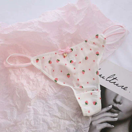 Charming Women's Sheer T-Back Thongs with Playful Strawberry and Cherry Print - Low-Waisted Seamless Sexy Underwear - Très Elite
