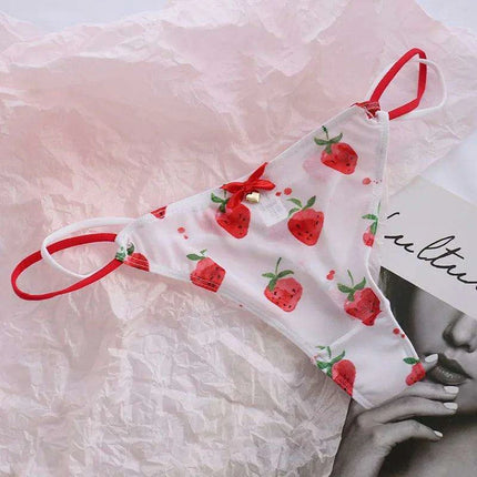 Charming Women's Sheer T-Back Thongs with Playful Strawberry and Cherry Print - Low-Waisted Seamless Sexy Underwear - Très Elite