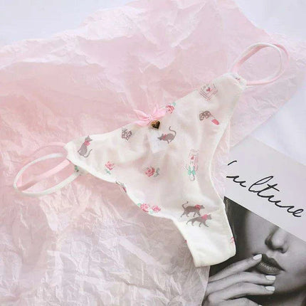 Charming Women's Sheer T-Back Thongs with Playful Strawberry and Cherry Print - Low-Waisted Seamless Sexy Underwear - Très Elite