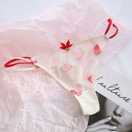 Charming Women's Sheer T-Back Thongs with Playful Strawberry and Cherry Print - Low-Waisted Seamless Sexy Underwear - Très Elite