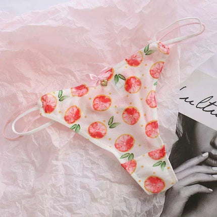Charming Women's Sheer T-Back Thongs with Playful Strawberry and Cherry Print - Low-Waisted Seamless Sexy Underwear - Très Elite
