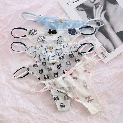 Charming Women's Sheer T-Back Thongs with Playful Strawberry and Cherry Print - Low-Waisted Seamless Sexy Underwear - Très Elite