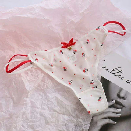 Charming Women's Sheer T-Back Thongs with Playful Strawberry and Cherry Print - Low-Waisted Seamless Sexy Underwear - Très Elite